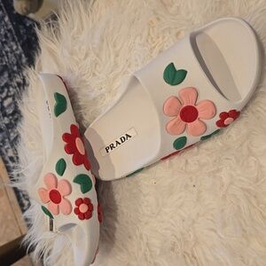 Prada White Floral Slide Sandals